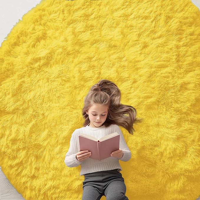 OLANLY Yellow Round Rugs for Bedroom - Machine Washable, 7 ft Circle Area Rugs for Living Room, Soft and Fluffy Shaggy Carpet for Teen Girl and Boys, Nursery Rooms, Dorms, Home Decor Aesthetic