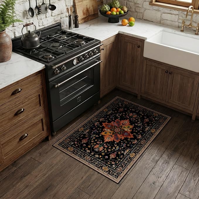 Area Rugs 2'x3' Kitchen Rugs Entry Rug Small Rugs for Entryway Kitchen Bathroom Door Mat Indoor Entrance,Washable Non Slip, Black Colorful Floral Dark Tan