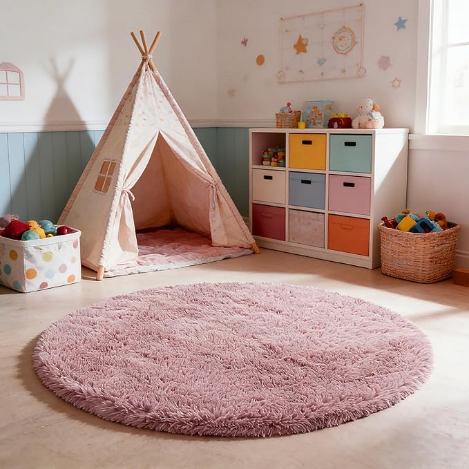 yulidayang Fluffy Round Area Rugs for Bedroom,Blush 5'X5'Shag Circle Area Rugs for Living Room,Non Slip Fuzzy Plush Rug for Kids Room Boys Girls Room and Dorm