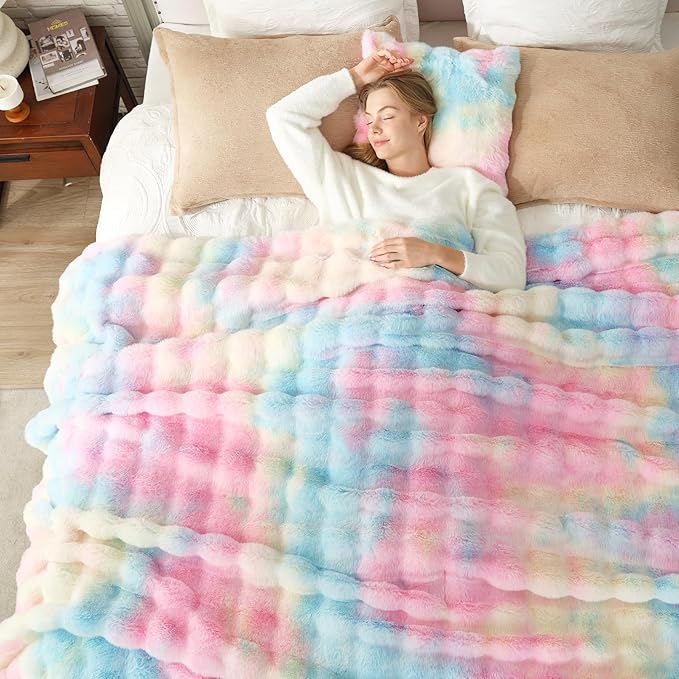 Cozy Bliss Faux Fur Throw Blanket for Couch, Bubble Plush Blanket King Size, Fuzzy Soft & Thick Blanket for Bed Sofa Living Room, 108x90 Inches Tie-dye Rainbow
