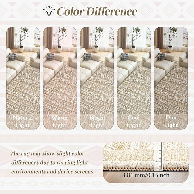 Washable Area Rug 5x7: Moroccan Rug for Living Room Geometric Boho Rug Farmhouse Non Slip Stain Resistant Rugs Low Pile Soft Carpet for Bedroom Dining Room Home Office Kids Room (Light Brown,5'x7')