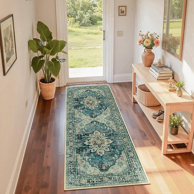 Area Rugs 2'x6' Runner Rug Non Slip Washable for Kitchen Hallway Bedroom Beside Laundry Room Bathroom Rug, Floor Carpet, Dark Blue Vintage
