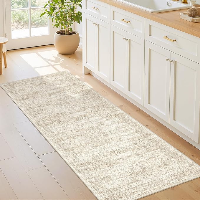 Washable Runner Rugs for Bedroom - 2x6 Runner Rug Non Slip, Ultra-Thin Entryway Runner, Soft Abstract Kitchen Runner for Hallway, Laundry, Bathroom, Indoor Door Mat(2'x6', Beige/Ivory)