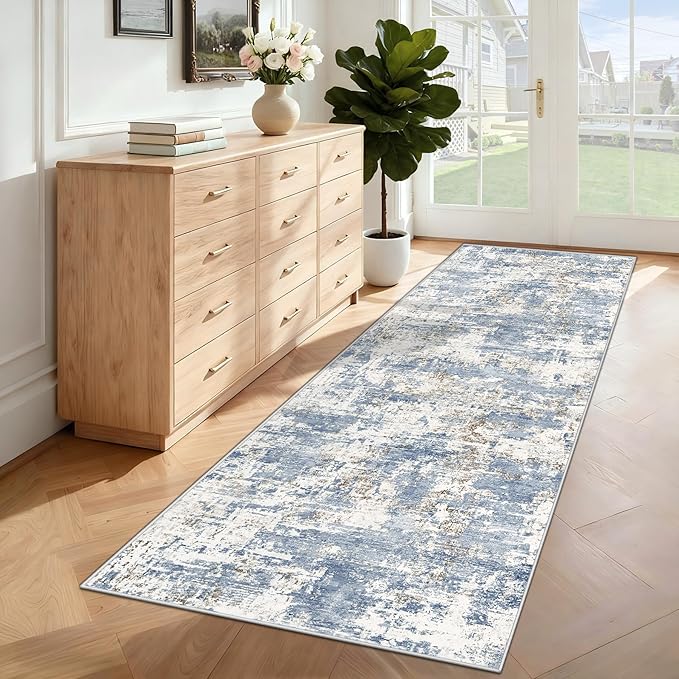 2x7 Runner Rug for Hallway, Washable Modern Abstract Runner Rugs Neutral Soft Non Slip Kids Rug Stain Resistant Indoor Runners for Hallways Entryway Bedroom Kitchen Laundry Room(Blue, 2'x7')