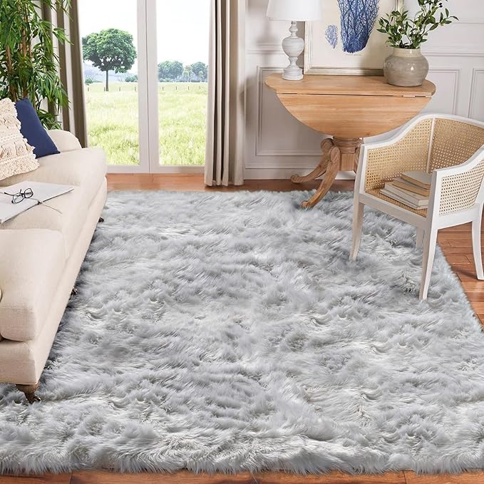 Goolela Grey Area Rug 8x10 Gray Fluffy Fuzzy Furry Rug for Living Room Bedroom Faux Sheepskin Fur Shaggy Rectangle