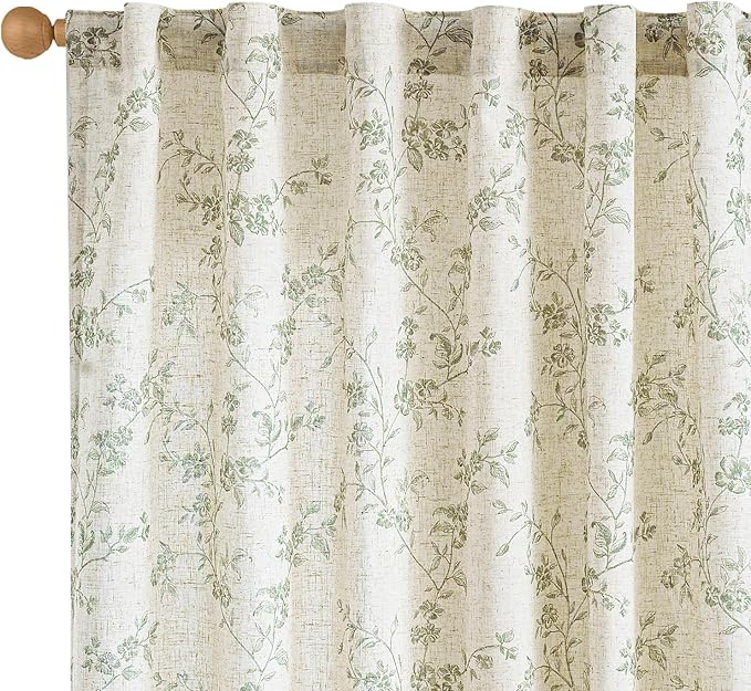 Lazzzy 90 inch Long Curtain for Bedroom Green Floral Linen Drapes for Living Room Farmhouse Country Vintage Light Filtering Curtains Rod Pocket Back Tab, 2 Panels, Green on Beige