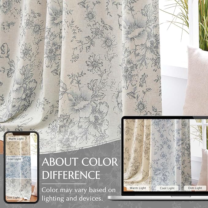 jinchan Blackout Floral Curtains for Living Room Bedroom Linen Blend Curtain Farmhouse Grey Printed with Lined Back Tab Rod Pocket Drapes Window Treatments 2 Panels 84 Inch Gray