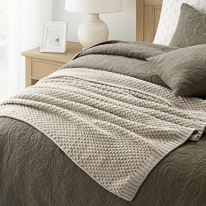 EVERGRACEHOME Chunky Chenille Knit Throw Blanket for Couch, Soft Luxurious Moss Stitch Blankets for Bed, Cozy Decorative Farmhouse Knitted Throws for Sofa, Warm Gray, 60" x 80"