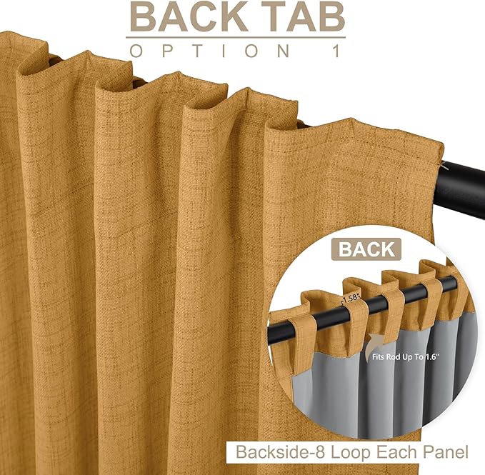 100% Blackout Shield Linen Blackout Curtains for Bedroom 108 Inches Long,Back Tab/Rod Pocket Living Room Drapes,Thermal Insulated Textured Blackout Curtains 2 Panels Set,50" W x 108" L,Mustard Yellow