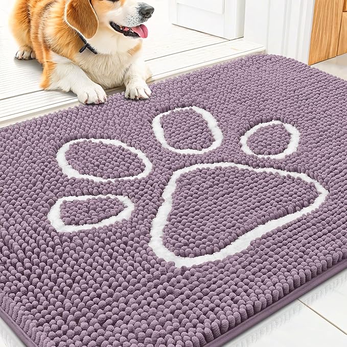 Smiry Dog Door Mat for Muddy Paws, Absorbent Dirt Trapper Non Slip Quick Dry Washable Chenille Mat for Mud Dogs, Entry Rug for Indoor and Outdoor (30x20 Inches, Deep Plum and White)