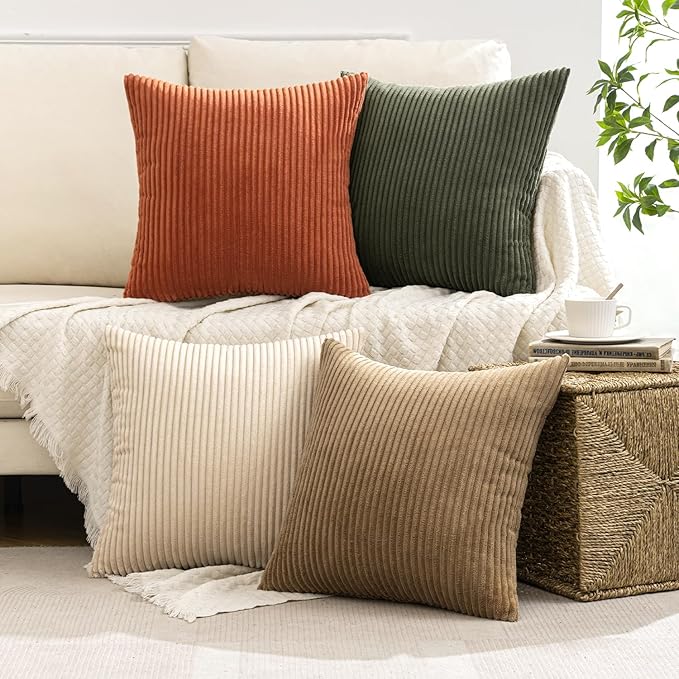 MIULEE Boho Farmhouse Throw Pillow Covers 18x18 Inch Set of 4 Rustic Modern Neutral Cushion Covers Soft Corduroy Nordic Home Decor for Couch Bed Sofa Living Room Rust-Olive Green
