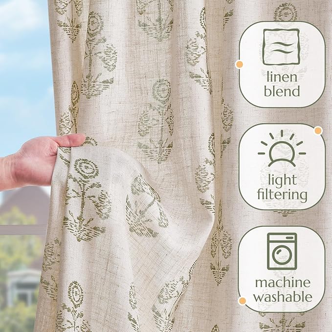 jinchan Linen Floral Curtains for Living Room 63 Inch Length Green Flower Cottage Core Farmhouse Curtains Rod Pocket Back Tab Boho Semi Sheer Window Drapes Bedroom Set 2 Panels Green on Beige