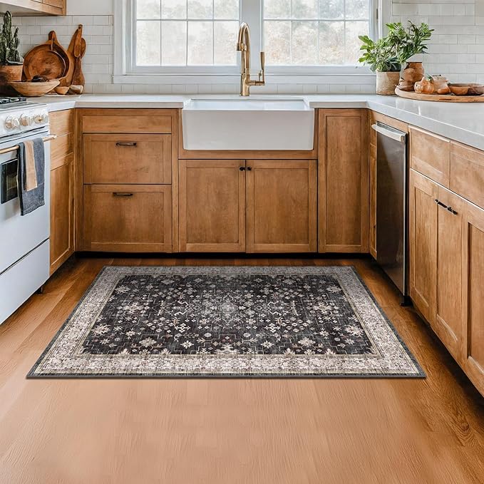 Large 3x5 Entryway Rug Indoor - Washable Non-Slip Low Pile Ultra Soft Area Rug for Large Kitchen, Bedroom Bedside, Mudroom - Distressed Boho Modern Aesthetic Geometric Decor, Ashen/Multi