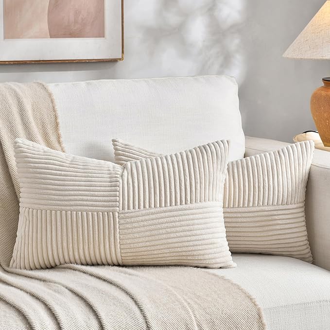 Fancy Homi 2 Packs Cream Lumbar Decorative Throw Pillow Covers 16x26 Inch for Living Room Couch Bed Sofa, Rustic Farmhouse Boho Home Decor, Soft Striped Corduroy Rectangle Accent Cushion Case