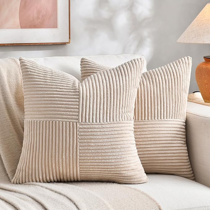 Fancy Homi 2 Packs Tan Big Decorative Throw Pillow Covers 24x24 Inch for Living Room Couch Bed Sofa, Farmhouse Boho Home Decor, Soft Corss Corduroy Patchwork Accent Square Beige Cushion Case 60x60 cm