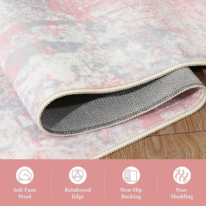 Rugflix 5x7 Area Rugs for Living Room, Washable Large Rug Stain-Resistant Low Pile, Modern Carpet for Dining Room Home Office Kid Room Nursery Bedroom, Pink Grey