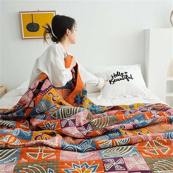 MSGKV Boho Throw Blanket 90''x98'' 100% Cotton Spring Blanket for Couch Bed, Muslin Bed Quilts Home Decor Gift for All Seasons