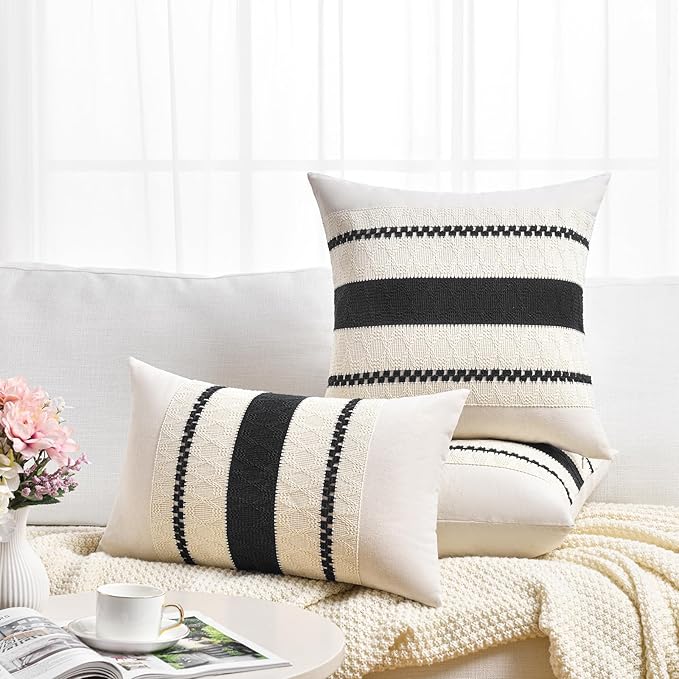 Fancy Homi Set of 1 Boho Black Long Lumbar Decorative Throw Pillow Cover 14x24 Inch for Couch Bed Sofa Chair, Modern Organic Farmhouse Home Decor, Soft Cotton Cute Accent Rectangle Cushion Case