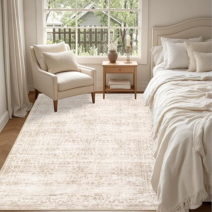 6x9 Area Rugs Living Room Rug: Washable Vintage Boho Rug No Slip Stain Resistant Soft Carpet Indoor Floor Floral Large Carpets for Bedroom Dining Room Farmhouse Nursery Home Office Beige