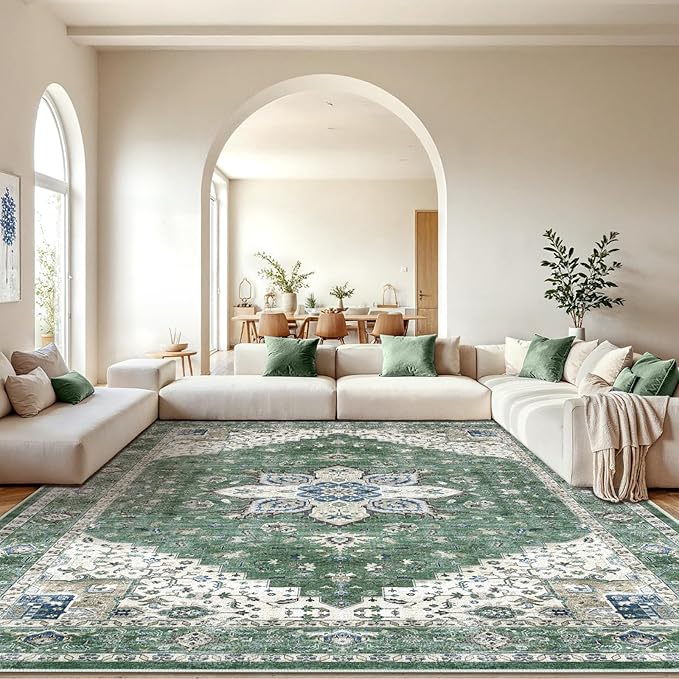 AMADA HOMEFURNISHING 10x14 Washable Area Rug, Low-Profile Large Area Rug with Non-Slip Backing & Durable Edge Binding, Vintage Large Rugs for Living Room, Bedroom & Dining Room