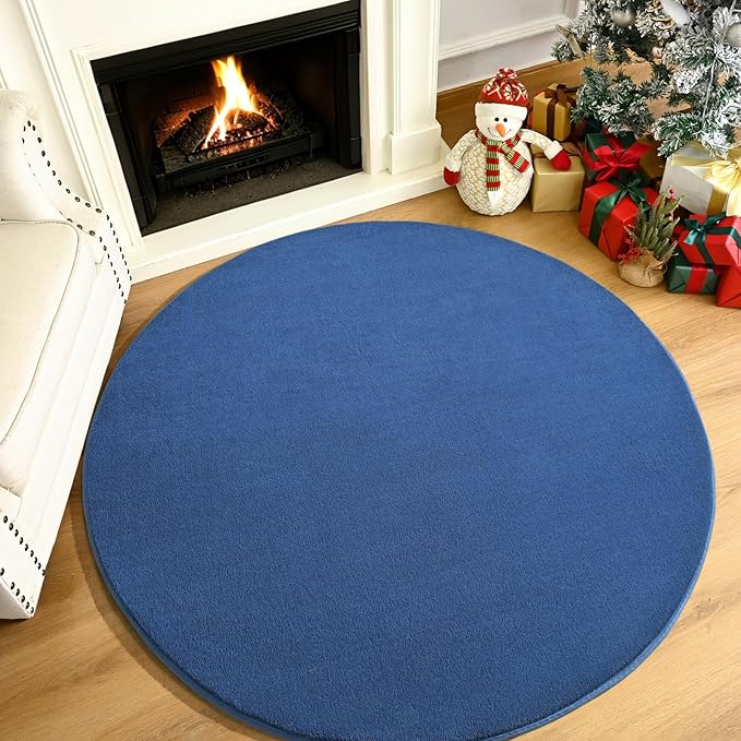 Amearea Blue Round Area Rugs 4ft Washable Circle Rugs for Bedroom Living Room, Fluffy Indoor Thickened Memory Foam Rug, Non Slip Minimalist Circular Carpet for Kids Boys Girls Dorm Nursery Room Decor