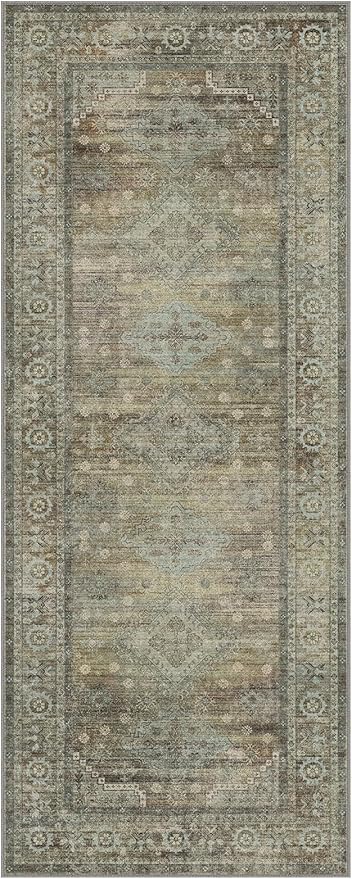 BEIMO Runner Rug for Hallway Kitchen, 2x5 Machine Washable Runners Rug for Entryway, Soft Modern Boho Throw Rugs, Low Pile Floor Cover with Non Slip Backing, Distressed Light Greyish Sage Green