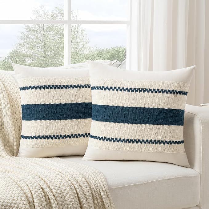 Fancy Homi Set of 1 Boho Teal Decorative Throw Pillow Cover 18x18 Inch for Couch Bed Sofa, Aesthetic Modern Organic Farmhouse Home Decor, Soft Cotton Cute Accent Macrame Woven Cushion Case
