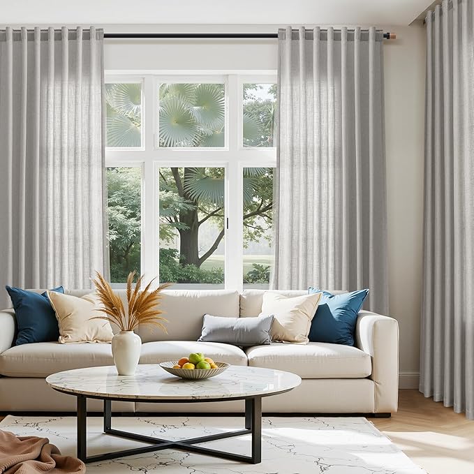 Nanspring Light Gray Linen Curtains for Living Room 84 Inches Long 2 Panels Set Rod Pocket Back Tab Simple Modern Light Filtering Boho Coastal Room Decor Grey Sheer Curtain for Bedroom 52x84