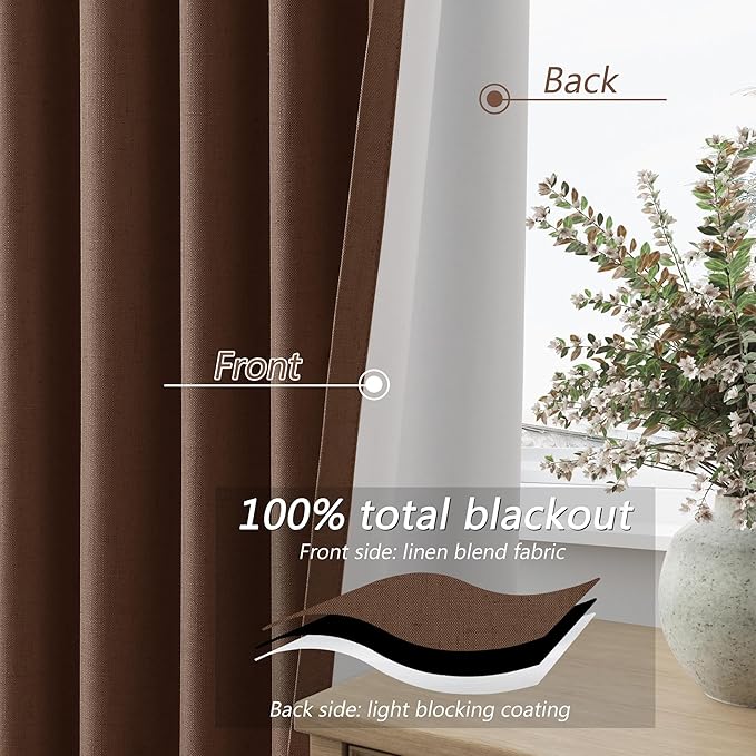 Rustic Brown 100% Blackout Linen Curtains 108 Inch Length 2 Panels Set for Living Room Bedroom Back Tab Thermal Insulated Black Out Drapes Room Darkening Farmhouse Style for Bedroom Window Curtains