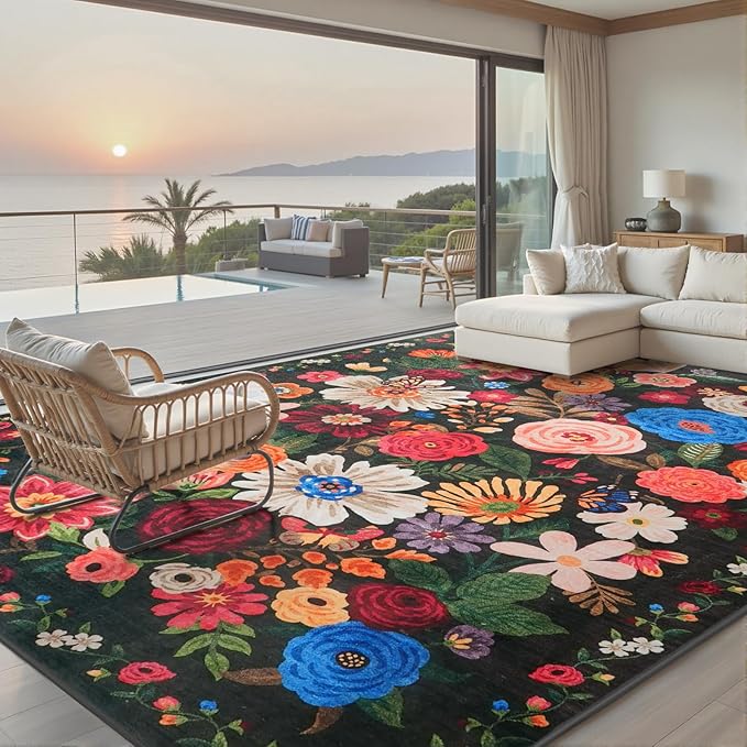 Black/Brown Area Rugs 10x14 Living Room, Non Slip Machine Washable Floral Rugs, Low Pile Lightweight Large Rug for Bedroom, Dining Room, Home Office(10 x 14, Black/Brown)