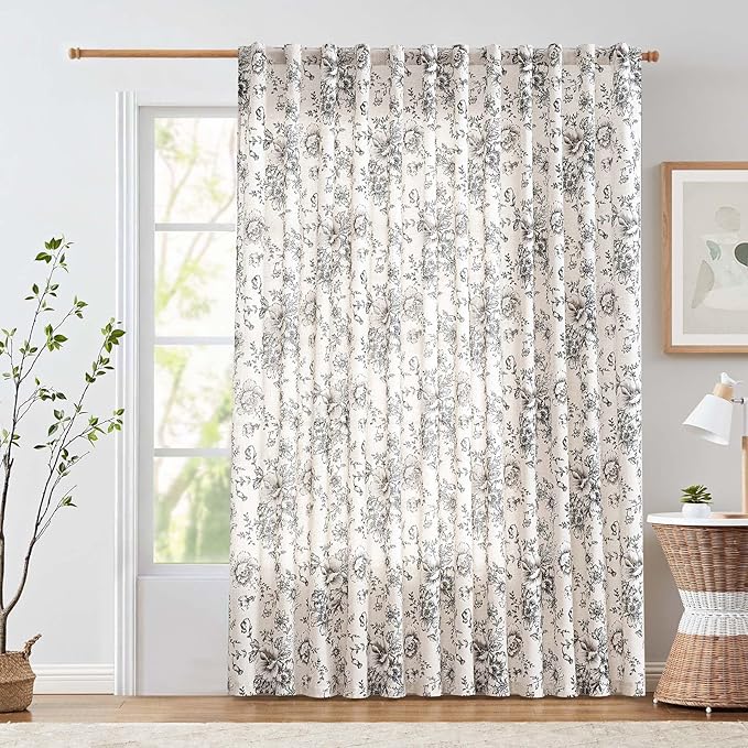 jinchan Linen Floral Curtains 100 Inch Extra Wide for Patio Sliding Glass Door Room Divider Curtain for Living Room 90 Inch Length Farmhouse Peony Black Printed Curtain Set 1 Panel