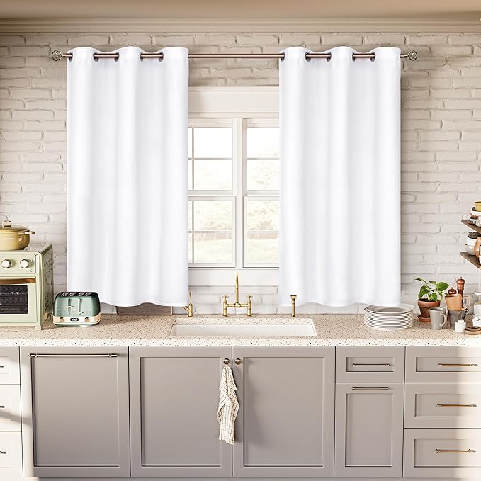 BGment White Curtains 45 Inches Length for Kitchen Window - Grommet Short Window Treatment Drapes Privacy for Bathroom Cafe Bathroom Home Decor, 2 Panels, Pure White, 38 x 45 Inch