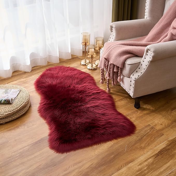 EasyJoy Ultra Soft Fluffy Shaggy Area Rug Faux Fur Rug Chair Cover Seat Pad Fuzzy Area Rug for Bedroom Floor Sofa Living Room (2 x 4 ft Sheepskin, Burgundy)