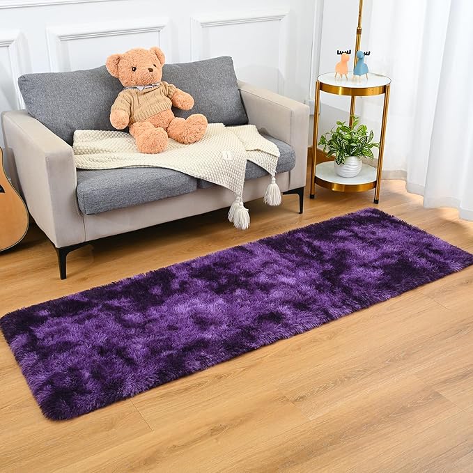Goideal Fluffy Runner Rug for Bedroom Living Room, 2x6 Purple Bedside Rugs, Faux Fur Shag Modern Carpet Ultra Soft Girls Boys Room Home Decor, Tie-Dyed