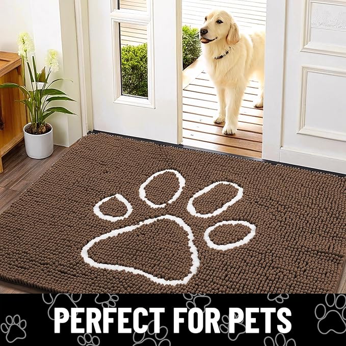 Smiry Dog Door Mat for Muddy Paws, Absorbent Dirt Trapper Non Slip Quick Dry Washable Chenille Mat for Mud Dogs, Entry Rug for Indoor and Outdoor (36x24 Inches, Coffee and White)
