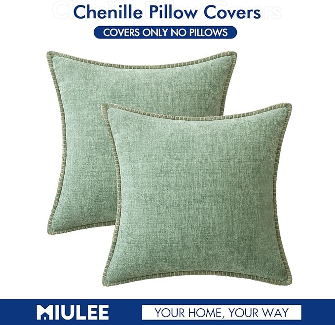 MIULEE Pack of 2 Couch Throw Pillow Covers 20x20 Inch Greyish Green Farmhouse Decorative Pillow Covers with Stitched Edge Soft Chenille Solid Dyed Spring Pillow Covers for Sofa Bed Living Room