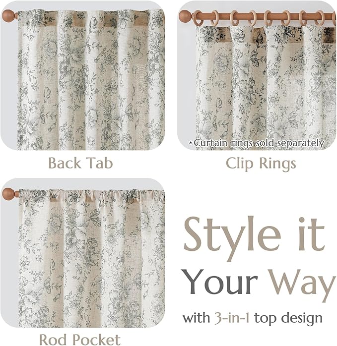 jinchan Lined Linen Blend Curtain Floral Curtains for Living Room 90 Inches Long Grey Peony Flower Printed Curtain Back Tab Farmhouse Patterned Drapes Bedroom Window Curtains Set 2 Panels