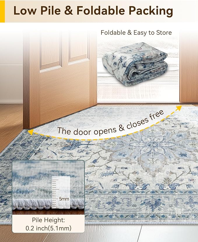 Area Rugs Square 8ft Washable Non-Slip, Floral Vintage Distress Print Pattern Medallion Carpet for Living Room Bedroom Dining Room, Light Blue Navy Beige Gray White