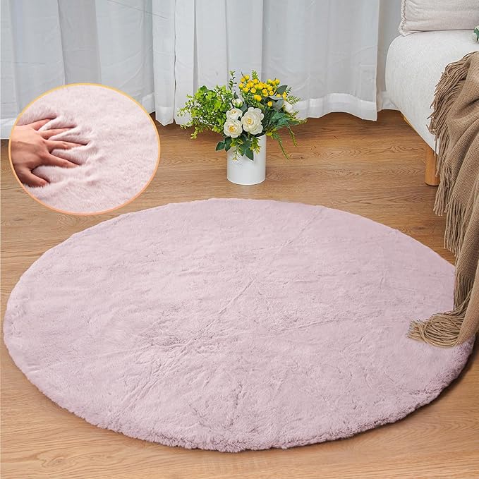 ORINOVA Pink Boho Faux Rabbit Fluffy Fur Rugs for Bedroom Shag Circle Washable Area Rugs for Living Room Nursery Round Rug 4ft