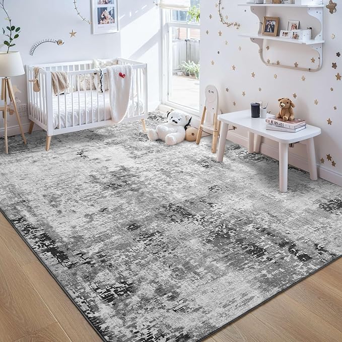 Living Room Rug 6x9 Gray Area Rug Machine Washable Boho Carpet Non Slip Abstract Vintage Indoor Large Rugs for Bedroom, Classroom, College Dorm, Farmhouse, Dining Room, Kids Playroom