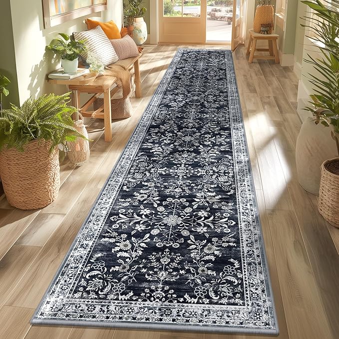 Yamaziot Washable Runner Rug 2x12 – Non Slip Boho Floral Hallway Runner Rug with Rubber Backing, Low Pile Faux Wool Distressed Carpet for Kitchen, Laundry, Bedroom, Entrance, Navy/Black