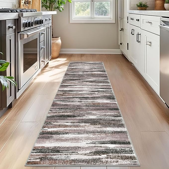Lansny Modern Abstract Bedroom Runner Rug 2x7, Dark Light Brown White Washable Kitchen Runner, Non-Slip Soft Thin Faux Wool Mat for Entryway, Hallway, Laundry Room, Indoor Home Decor