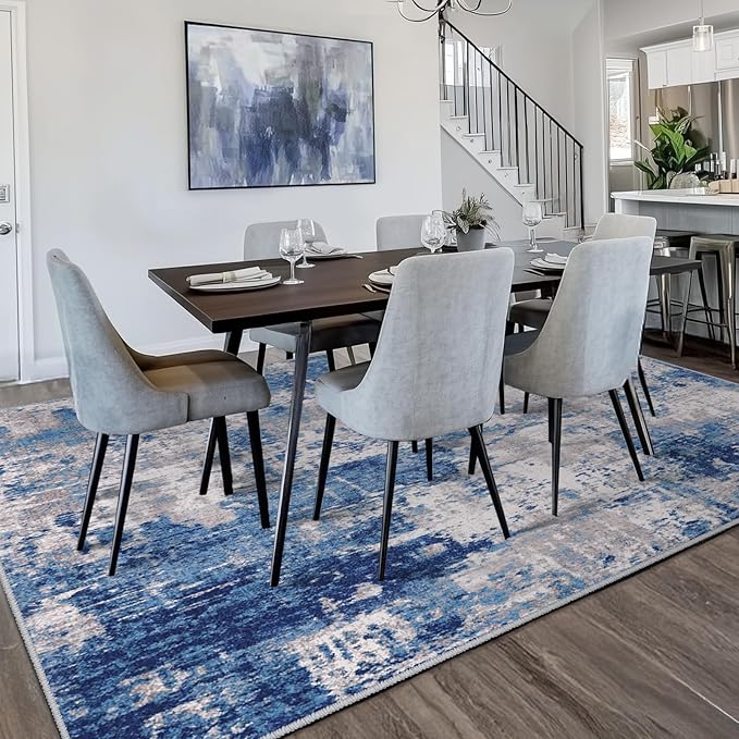 Washable Area Rugs 10'x12' Non-Slip Modern Abstract Soft for Living Room Entryway Bedroom Nursery, Print Pattern, Blue Grey Navy Gray