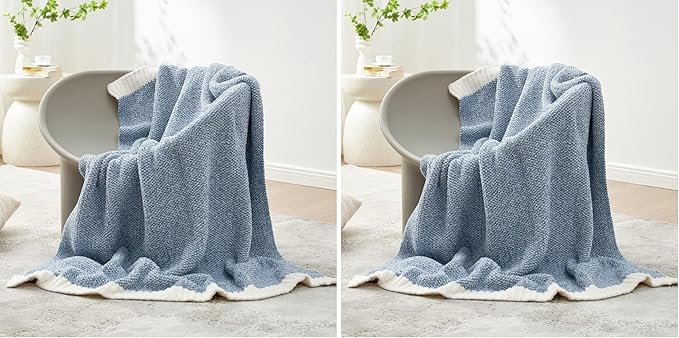 Snuggle Sac Blue Throw Blankets for Couch, Reversible Super Soft Warm Blankets Cozy Knit Blanket Fuzzy Plush Throws for Sofa, Bed, Gift, Heather Blue, 50 x 60 inches (Pack of 2)