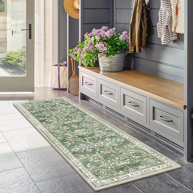 Yamaziot Washable Runner Rug 2x5 – Non Slip Boho Floral Hallway Runner Rug with Rubber Backing, Low Pile Faux Wool Distressed Carpet for Kitchen, Laundry, Bedroom, Entrance, Green