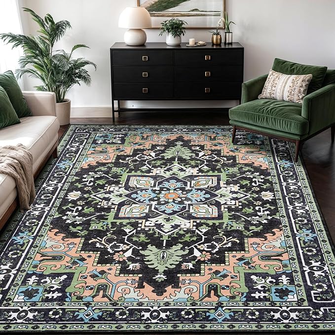 Lofus 9x12 Area Rugs for Living Room, Machine Washable Area Rug, Soft Large Rugs for Bedroom, Kitchen, Office and Indoor, Vintage Boho Carpet, Non-Slip Low Pile Carpets, Dark Green