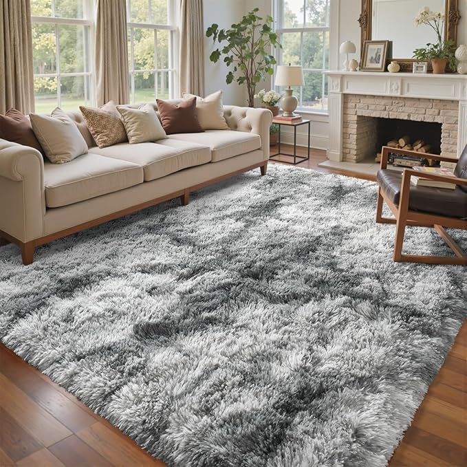 4x6 Ft Shag Rugs for Bedroom Living Room, Tie-Dyed Ultra Soft Fluffy Furry Area Rugs for Indoor Floor, Aesthetic Carpet for Kids Home Decor (Grey)