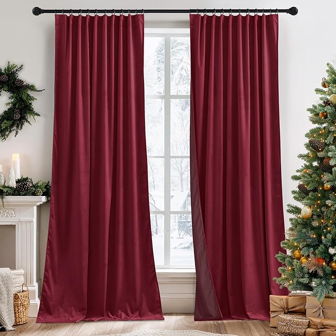 RYB HOME Burgundy Red Velvet Curtains for Christmas Decor, Soft Luxury Backdrops for Studio Theater, Back Tab Design for Bedroom Living Room, 52" W x L102 L, 2 Panels Set
