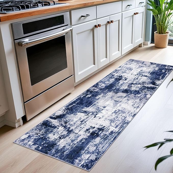 KOZYFLY Modern Abstract Runner Rug 2x6 Navy Blue Runners for Hallways Kitchen Rug Non Slip Washable Carpet Rug Runner Laundry Mat with Soft Low Pile for Entryway Bathroom Bedroom Kitchen