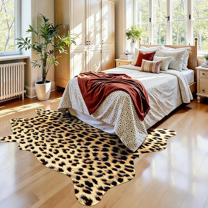 AROGAN Western Decor Faux Fur Leopard Rug, 6.2 x 7 Feet Premium Animal Skin Leopard Hide Rug, Sturdy Cheetah Print Rugs for Wall Decor, Western Floor Carpet for Bedroom Living Room, Black and Gold